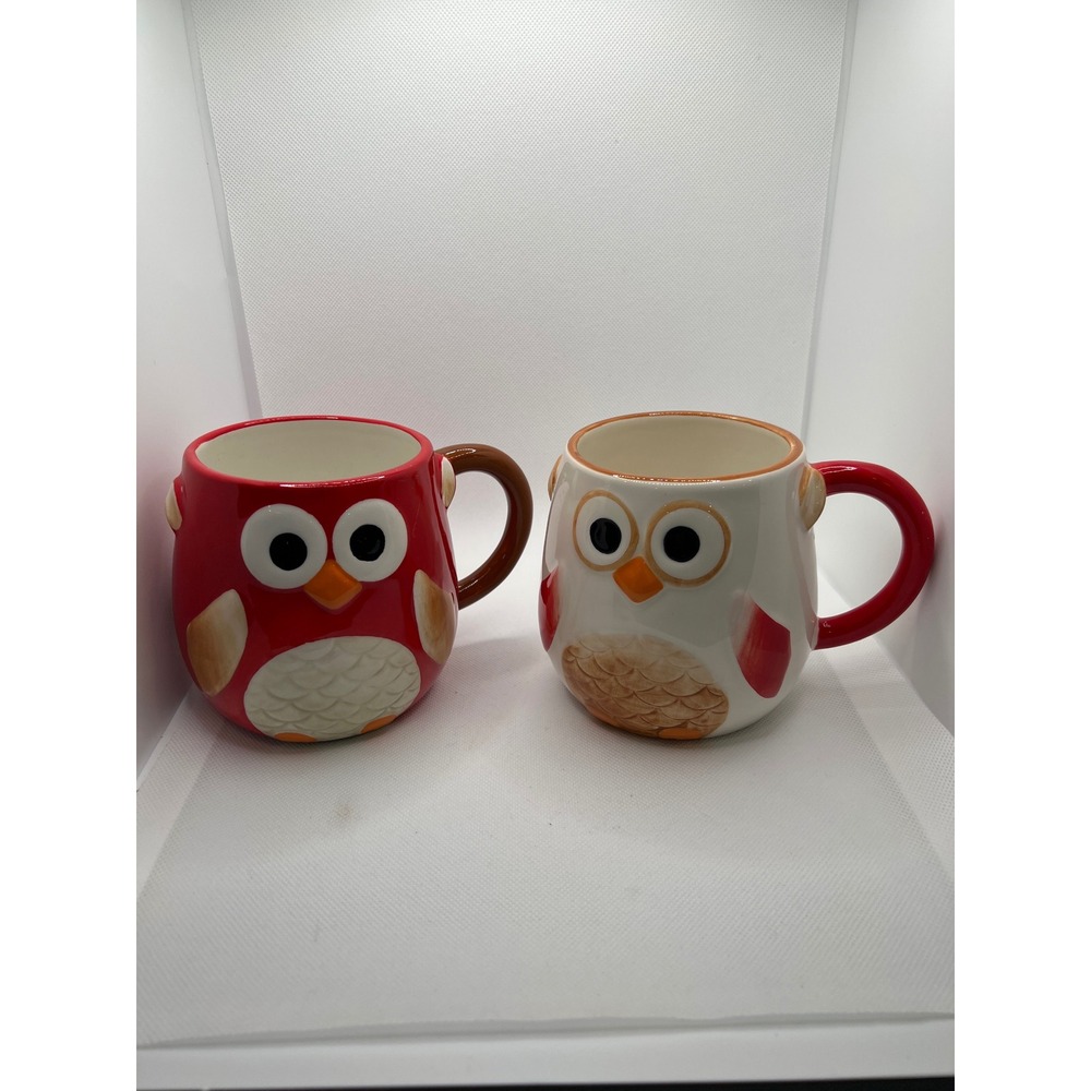 Harry & David Owl Mug Coffee Cup Set Red White Big Eyes Whimsy Animal 2pc 24oz